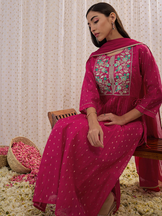 Indo Era Pink Embroidered A-Line Kurta Trousers With Dupatta set