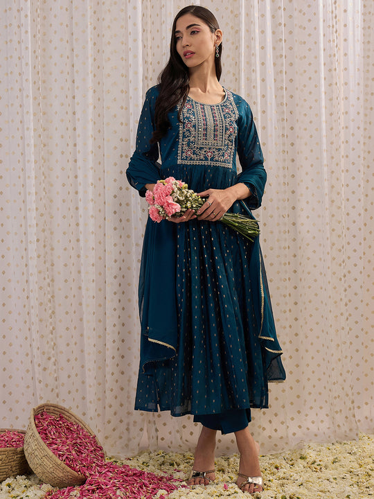 Indo Era Blue Embroidered A-Line Kurta Trousers With Dupatta set