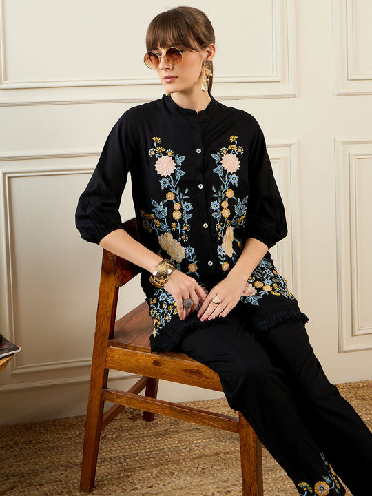 Indo Era Black Embroidered Smart Casual Co-Ords set