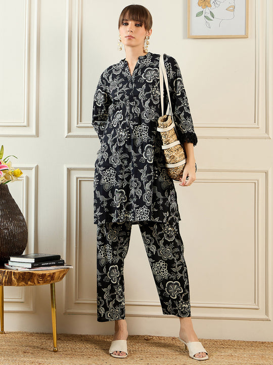 Indo Era Black Printed Smart Casual Co-Ords Set