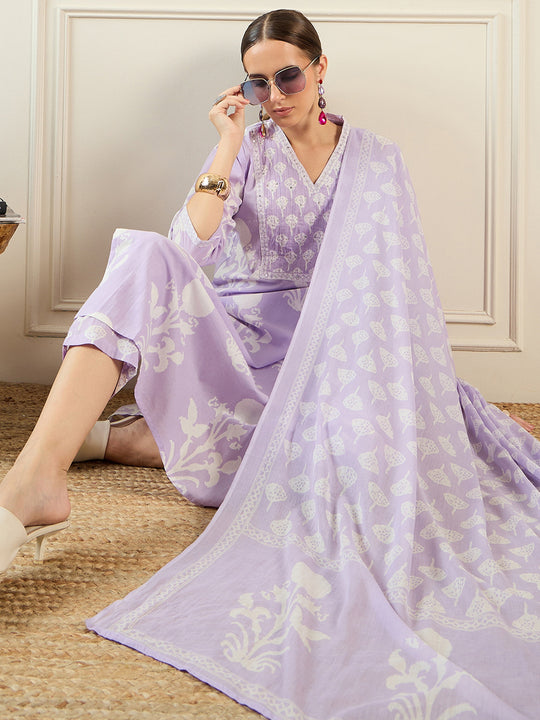 Lavender Printed Straight Kurta Trousers With Dupatta