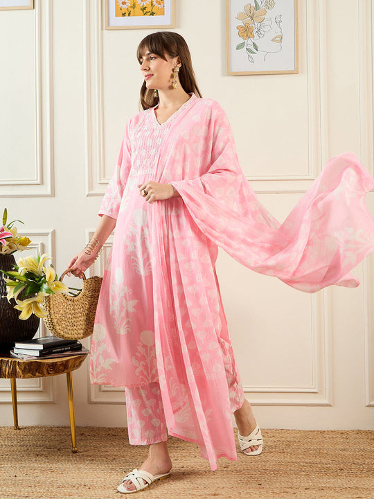 Indo Era Pink Printed Straight Kurta Trousers With Dupatta set