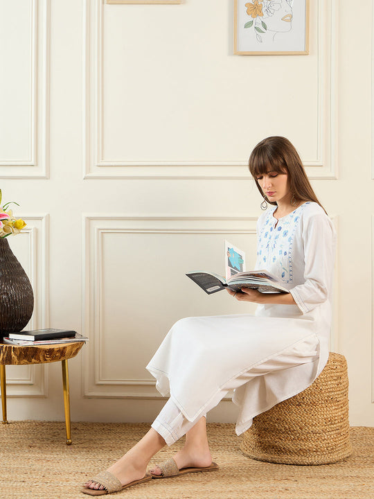 Indo Era White Embroidered Straight Kurta Trousers set