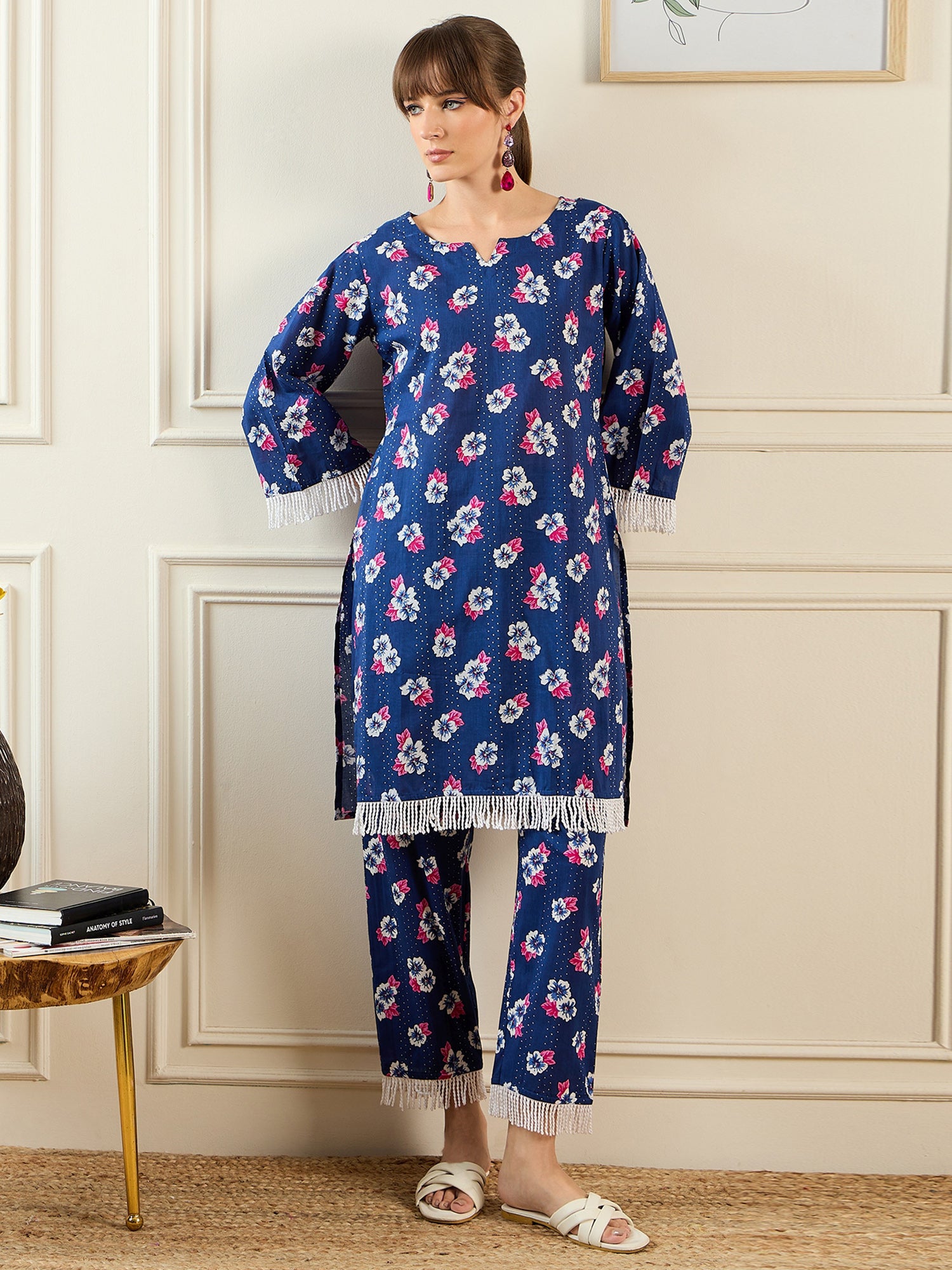 Indo Era Blue Printed Straight Kurta Trousers set