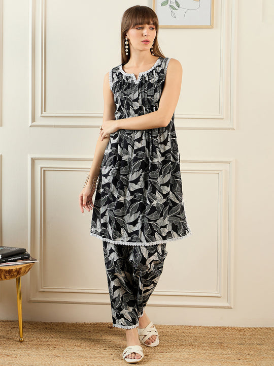 Indo Era Black Printed Straight Kurta Trousers set