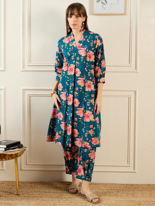 Indo Era Teal Printed A-Line Kurta Trousers set