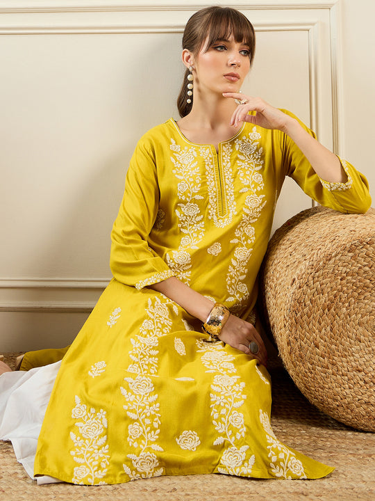 indo era Yellow Embroidered Straight Kurtas