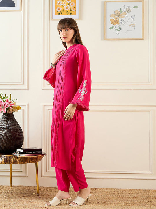Pink Self Design Straight Kurta Trousers set