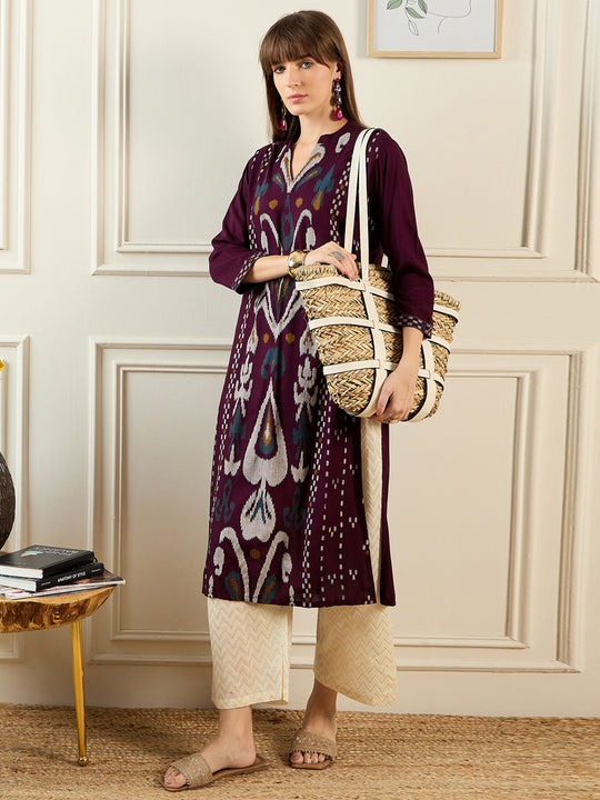 Indo Era Burgundy Printed Straight Kurtas