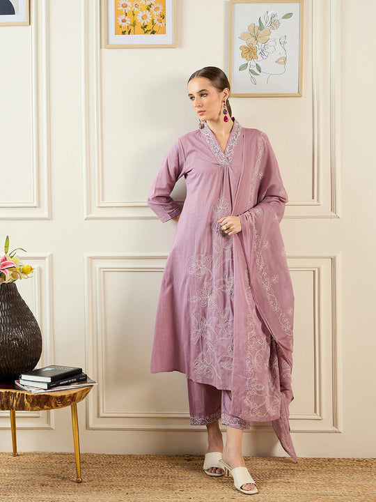 Indo Era Pink Embroidered A-Line Kurta Trousers With Dupatta set