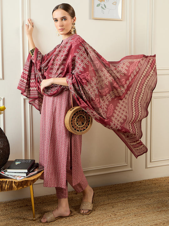 Indo Era Pink Printed Straight Kurta Trousers With Dupatta set