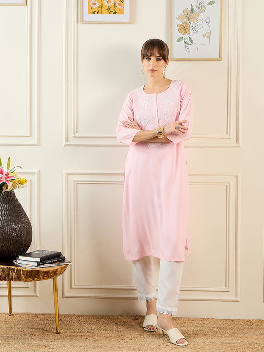 Indo Era Pink Embroidered Straight Kurtas
