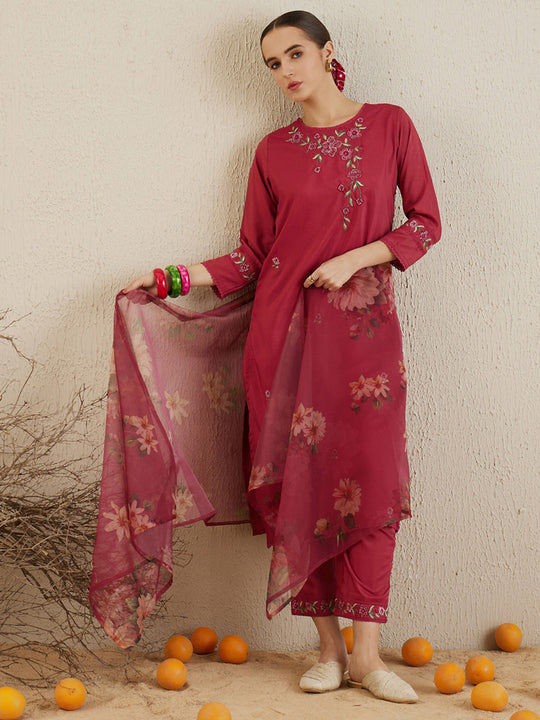 Indo Era Maroon Embroidered Straight Kurta Trousers With Dupatta Set