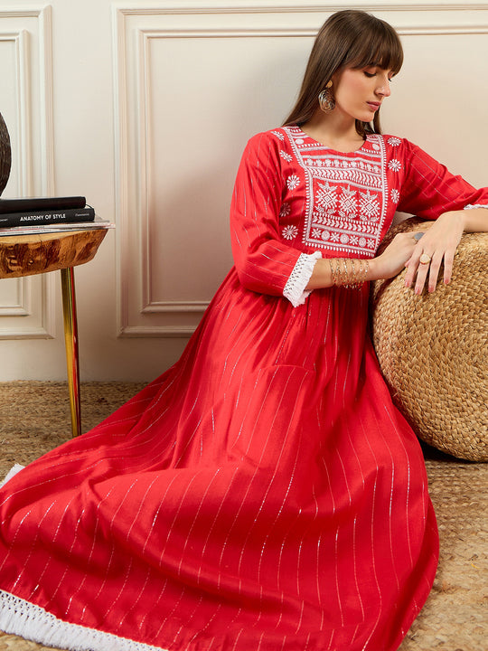 Indo Era Red Embroidered A-Line Ethnic Dress