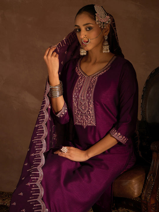 Indo Era Burgundy Ethnic Motifs Embroidered Sequinned Kurta with Trousers & With Dupatta