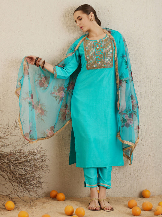 Indo Era Blue Floral Embroidered Regular Sequinned Chanderi Silk Kurta with Trousers & Dupatta