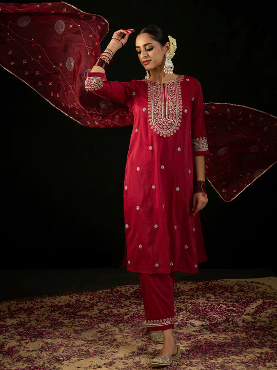 Indo Era Maroon Embroidered Straight Kurta Trousers With Dupatta Set