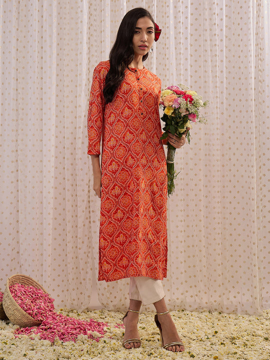Indo Era Orange Printed Straight Kurtas