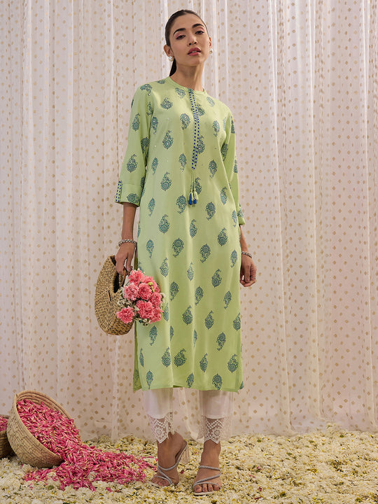 Indo Era Green Printed Straight Kurtas