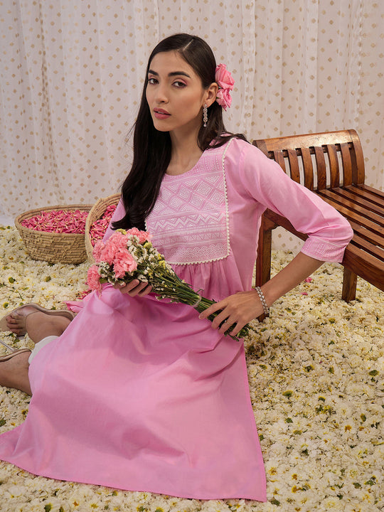 Indo Era Pink Yoke Design A-Line Kurtas