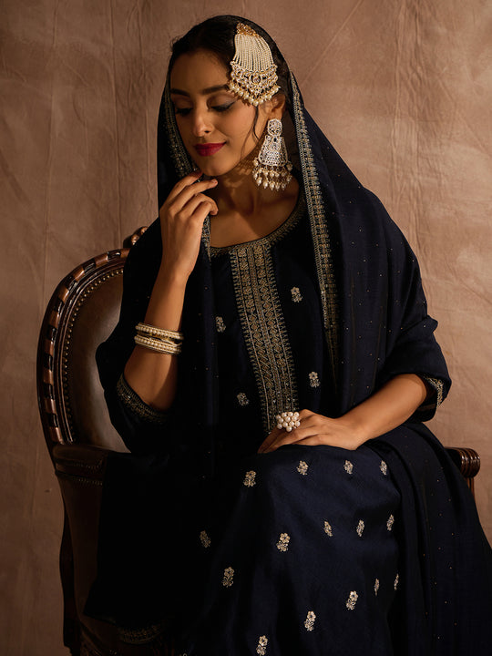 Indo Era Navy Blue Embroidered Straight Kurta Trousers With Dupatta set