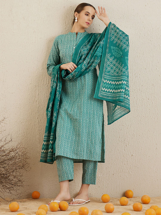 Indo Era Blue Printed Straight Kurta Trousers With Dupatta set