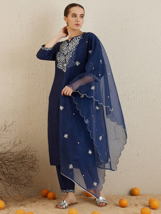 Indo Era Navy Blue Embroidered Straight Kurta Trousers With Dupatta set