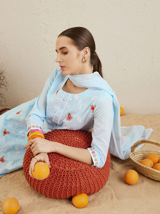 Indo Era Blue Embroidered Straight Kurta Trousers With Dupatta set