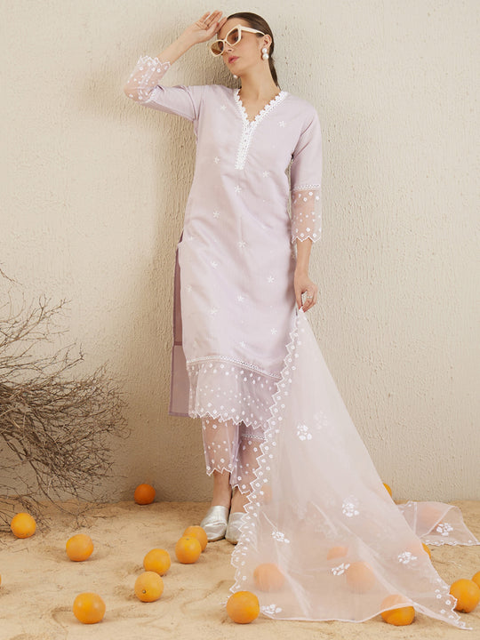 Indo Era Lavender Embroidered Straight Kurta Trousers With Dupatta set