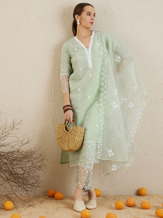 Indo Era Sea Green Embroidered Straight Kurta Trousers With Dupatta set
