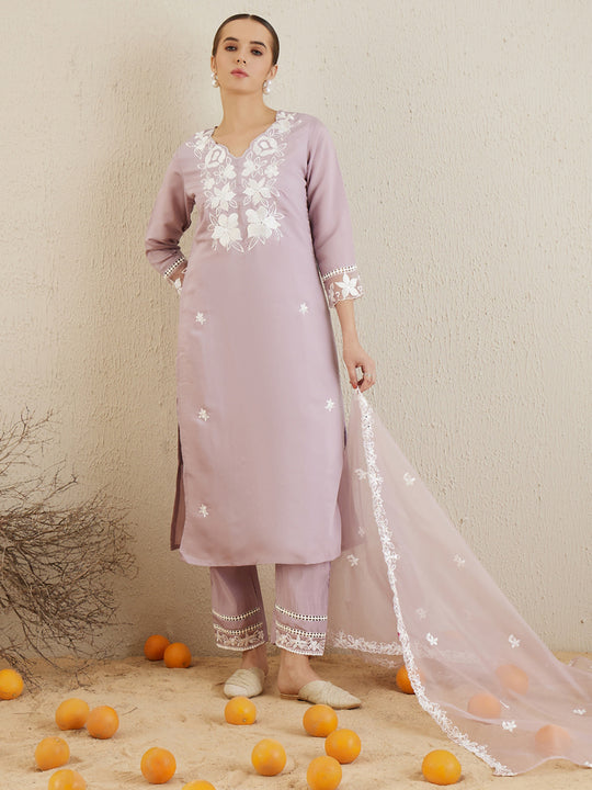 Indo Era Lavender Embroidered Straight Kurta Trousers With Dupatta set