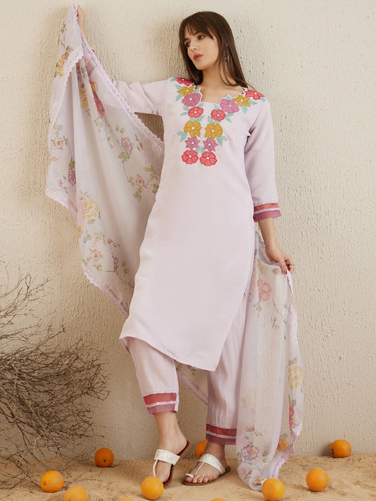 Indo Era Lavender Embroidered Straight Kurta Trousers With Dupatta set