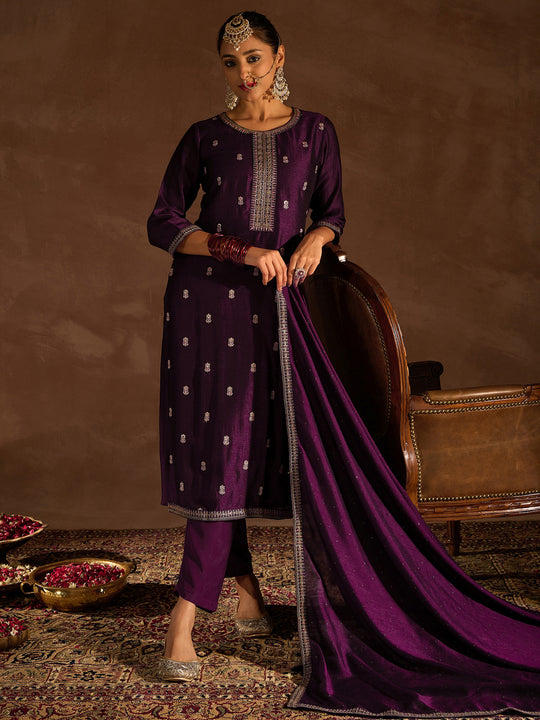 Indo Era Purple Embroidered Straight Kurta Trousers With Dupatta set