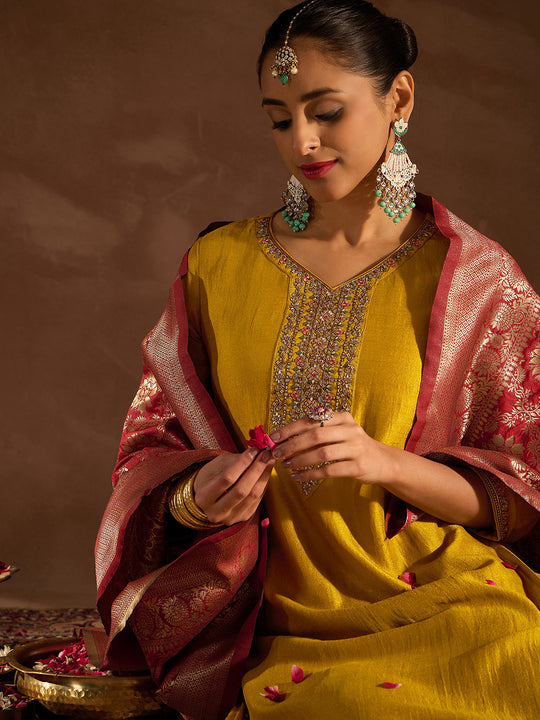 Indo Era Yellow Embroidered Straight Kurta Trousers With Dupatta set