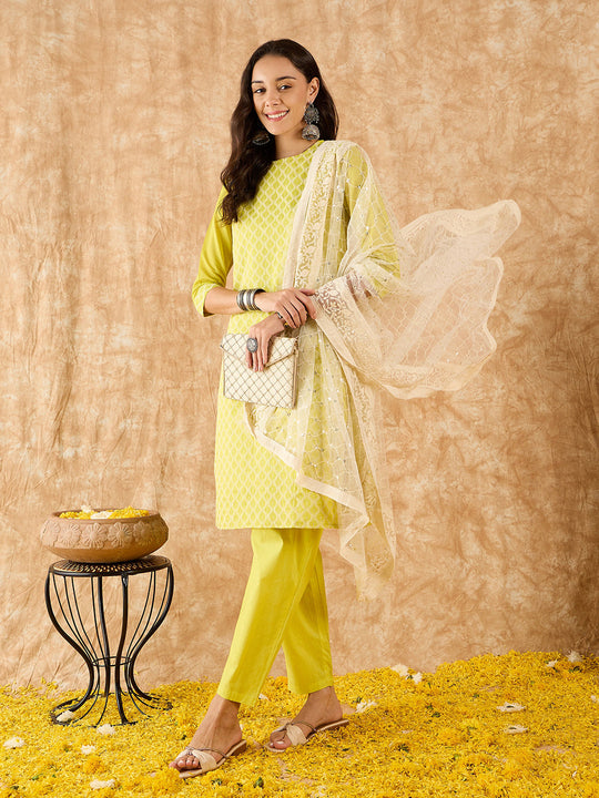 Indo Era Olive Embroidered Straight Kurta Trouser With Dupatta Set
