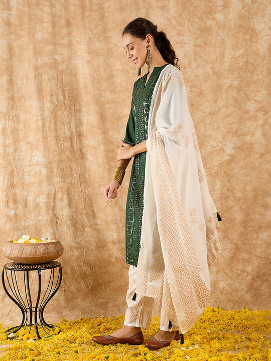 Indo Era Green Embroidered Straight Kurta Trouser With Dupatta Set