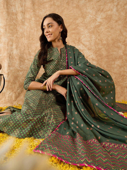 Indo Era Green Printed A-line Kurta Trouser With Dupatta Set