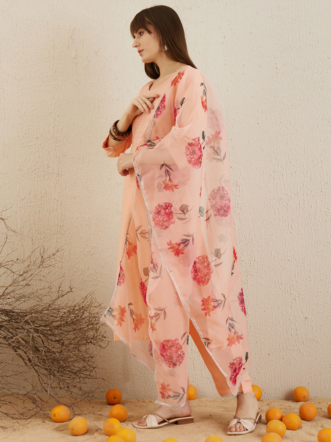 Orange Kurta Sets  For women,indo era, indoera, kurta set for women, women kurta set, women suit, summer wear for women, festive suit for women, mother's day outfit, dress for mother, mother's day special, kurta set for women, kurta for women, kurta trouser and dupatta