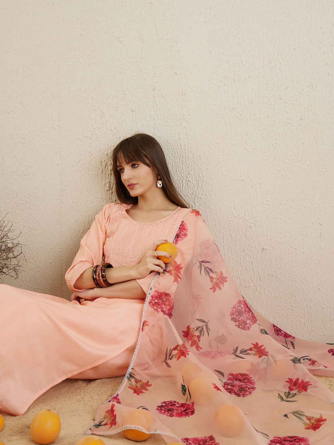 Orange Kurta Sets  For women,indo era, indoera, kurta set for women, women kurta set, women suit, summer wear for women, festive suit for women, mother's day outfit, dress for mother, mother's day special, kurta set for women, kurta for women, kurta trouser and dupatta