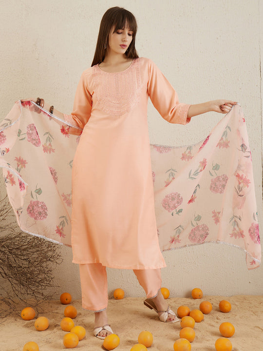 Indo Era Embroidered Orange Straight Kurta Trouser With Dupatta Set