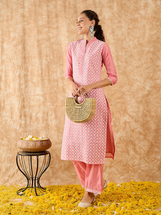 Indo Era Pink Embroidered Straight Kurta With Palazzo Set
