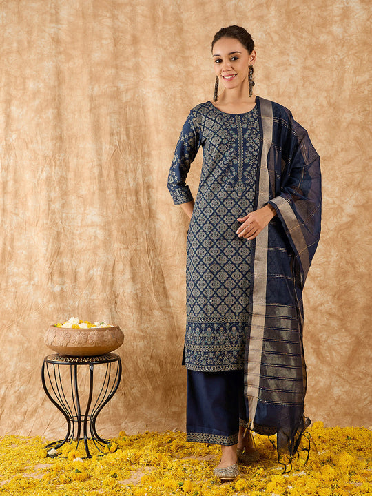 Indo Era Navy Blue Foil Printed Straight Kurta Palazzo With Dupatta Set