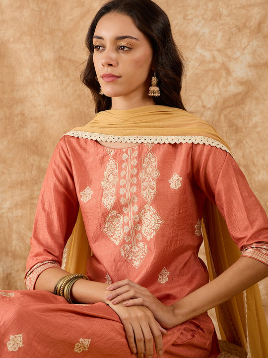 Indo Era Rust Foil Printed Straight Kurta Palazzo With Dupatta Set