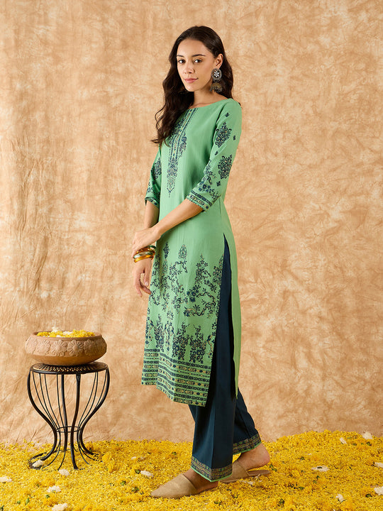 Indo Era Green Foil Printed Straight Kurta With Palazzo Set