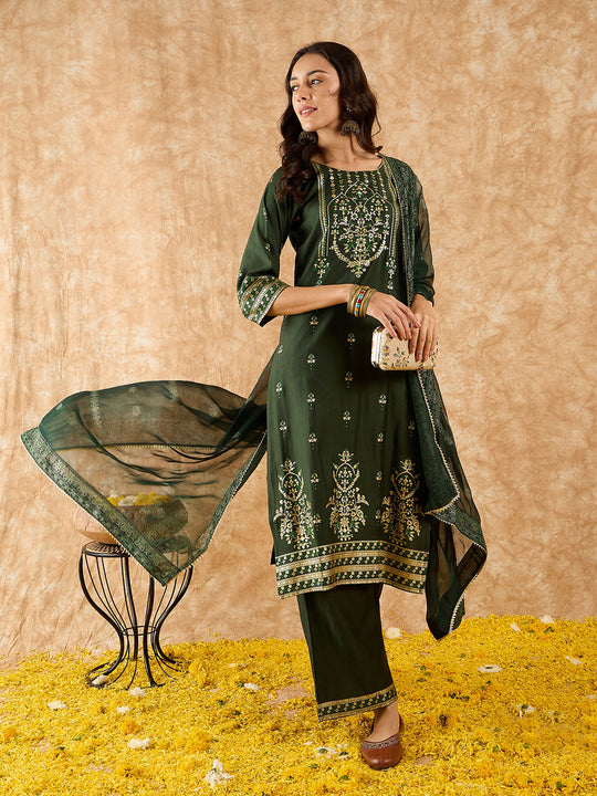 Indo Era Green Printed Straight Kurta Palazzos With Dupatta Set