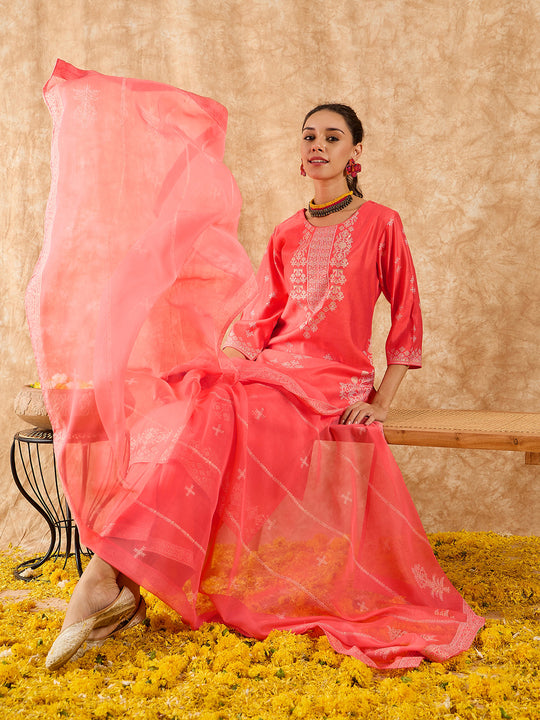 Indo Era Pink Printed Straight Kurta Palazzos With Dupatta Set