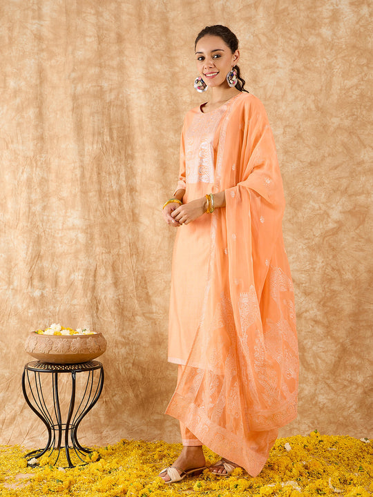 Indo Era Peach Printed Straight Kurta Trousers With Dupatta Set