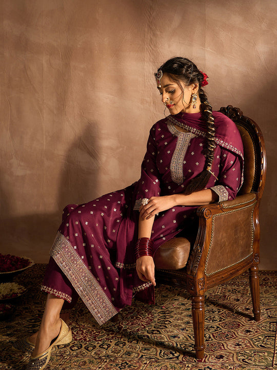Indo Era Maroon embroidered Kurta with Trousers with dupatta