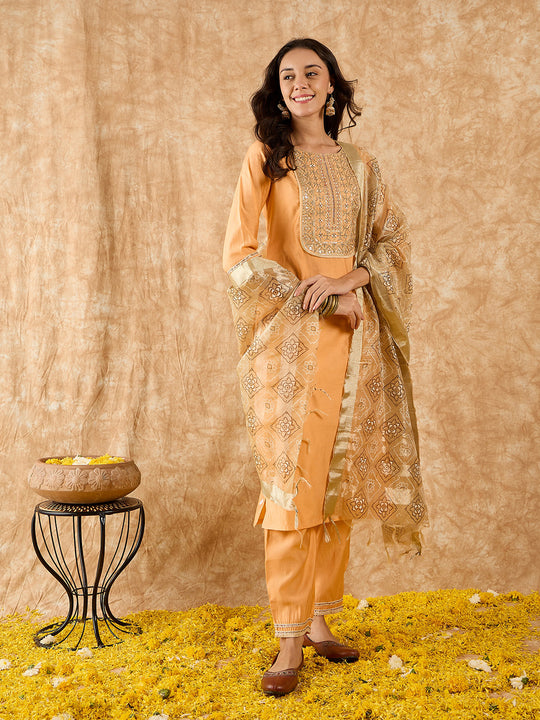 Indo Era Peach Embroidered Straight Kurta Trouser With Duppatta set