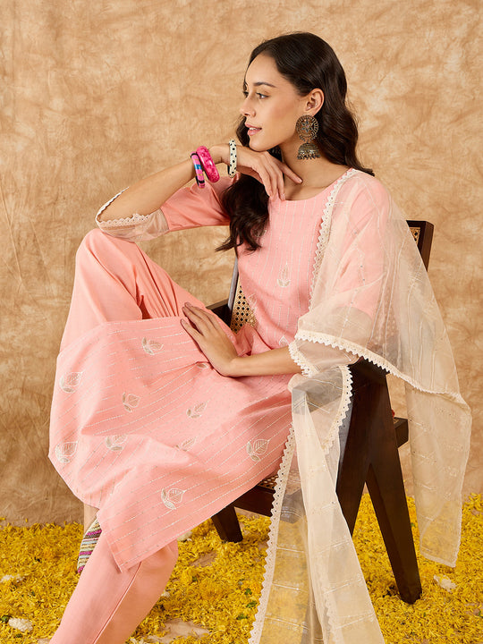 Indo Era Pink Embroidered Straight Kurta Trouser With Duppatta Set
